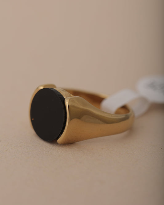 DARO BLACK STONE SIGNET MEN'S GOLD PLATED RING