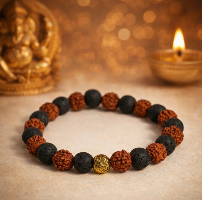 Nepali Rudraksha and Black Lava Stone Stretch Bracelet — natural origin