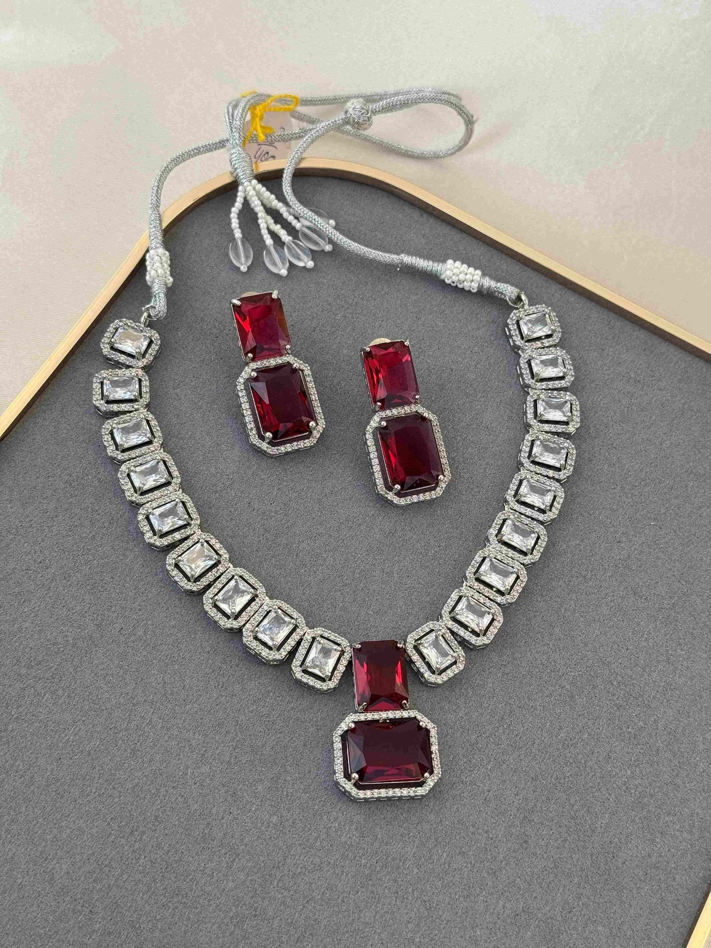 SQUARE RUBY DIAMOND SILVER PLATED NECKLACE SET