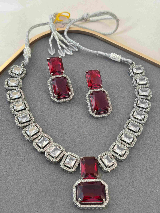 SQUARE RUBY DIAMOND SILVER PLATED NECKLACE SET