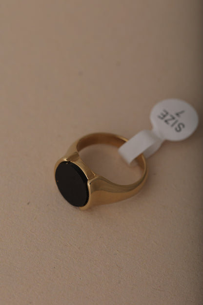 DARO BLACK STONE SIGNET MEN'S GOLD PLATED RING
