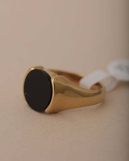 DARO BLACK STONE SIGNET MEN'S GOLD PLATED RING