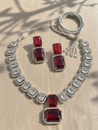 SQUARE RUBY DIAMOND SILVER PLATED NECKLACE SET