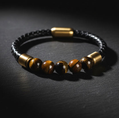MEN’S BLACK BRAIDED LEATHER BRACELET WITH TIGER EYE BEADS