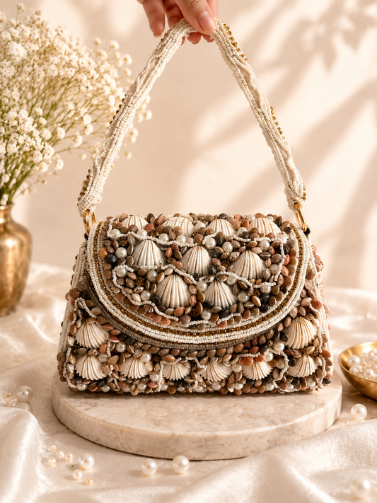 Coastal Pearl Shell Embellished Shoulder Bag
