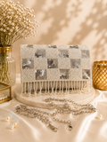 Silver Pearl Mosaic Fringe Clutch