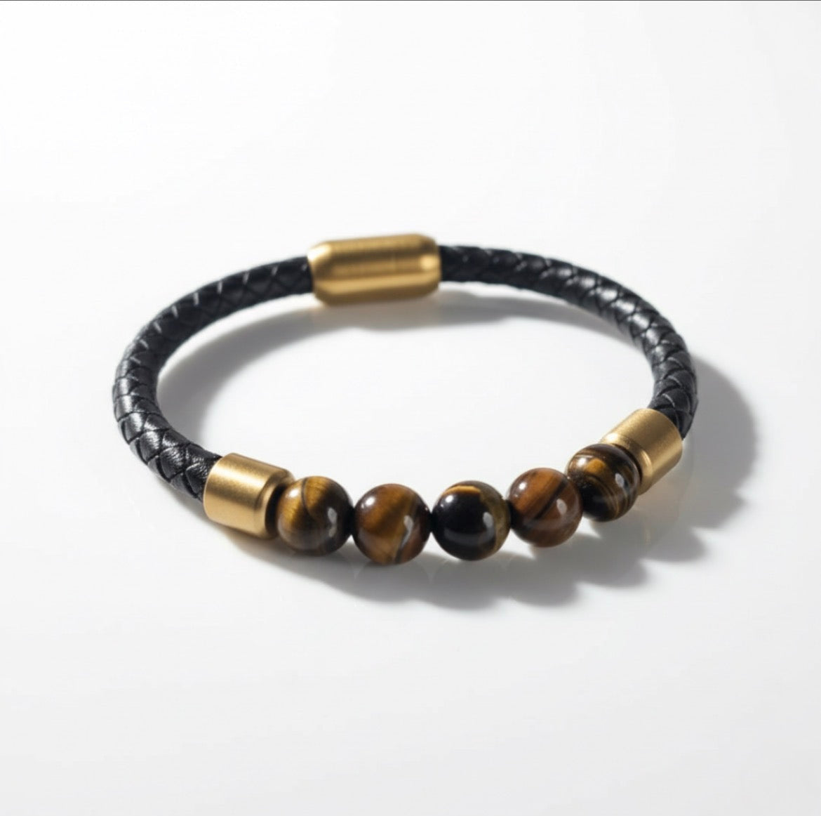 MEN’S BLACK BRAIDED LEATHER BRACELET WITH TIGER EYE BEADS