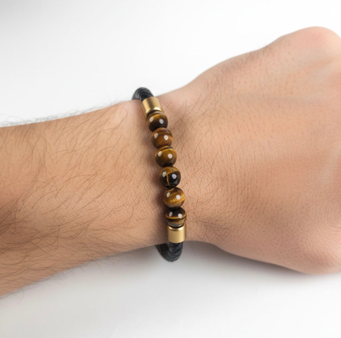 MEN’S BLACK BRAIDED LEATHER BRACELET WITH TIGER EYE BEADS