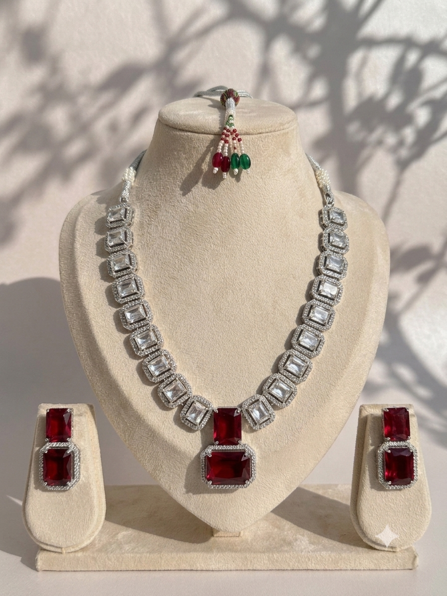 SQUARE RUBY DIAMOND SILVER PLATED NECKLACE SET