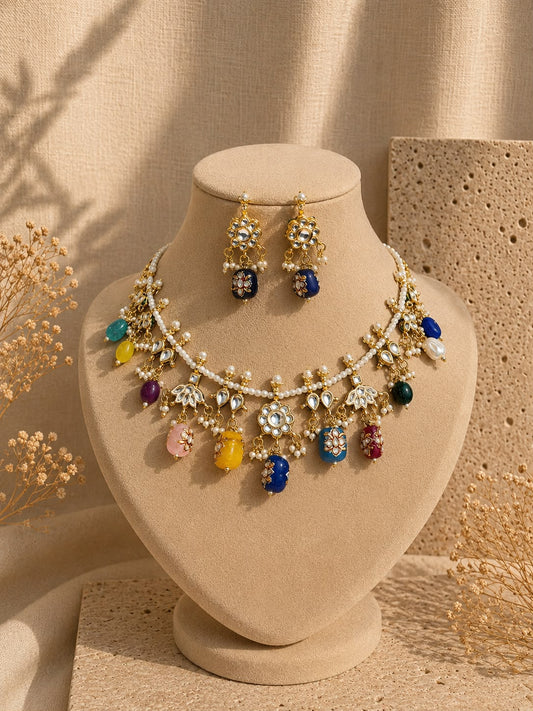 Noor Navratna Kundan Charm Necklace Set