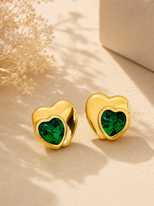 EMERALD 18K GOLD PLATED HEART EARRINGS
