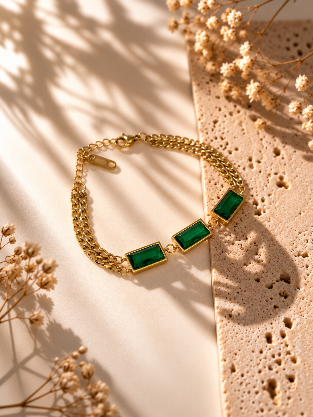 18K GOLD PLATED ANTI TARNISH EMERALD BRACELET