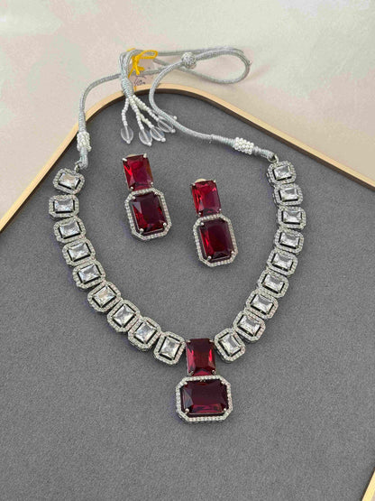 SQUARE RUBY DIAMOND SILVER PLATED NECKLACE SET