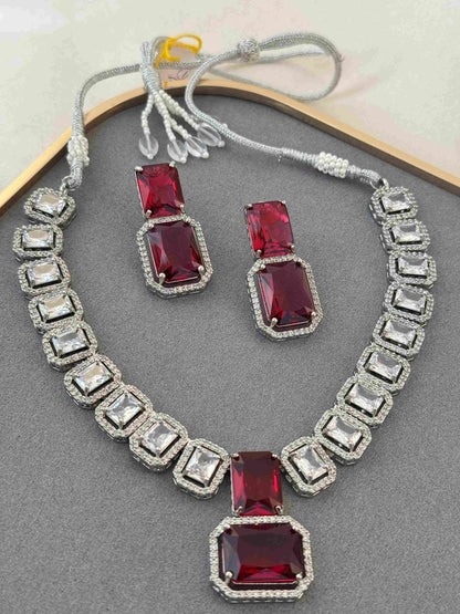 SQUARE RUBY DIAMOND SILVER PLATED NECKLACE SET